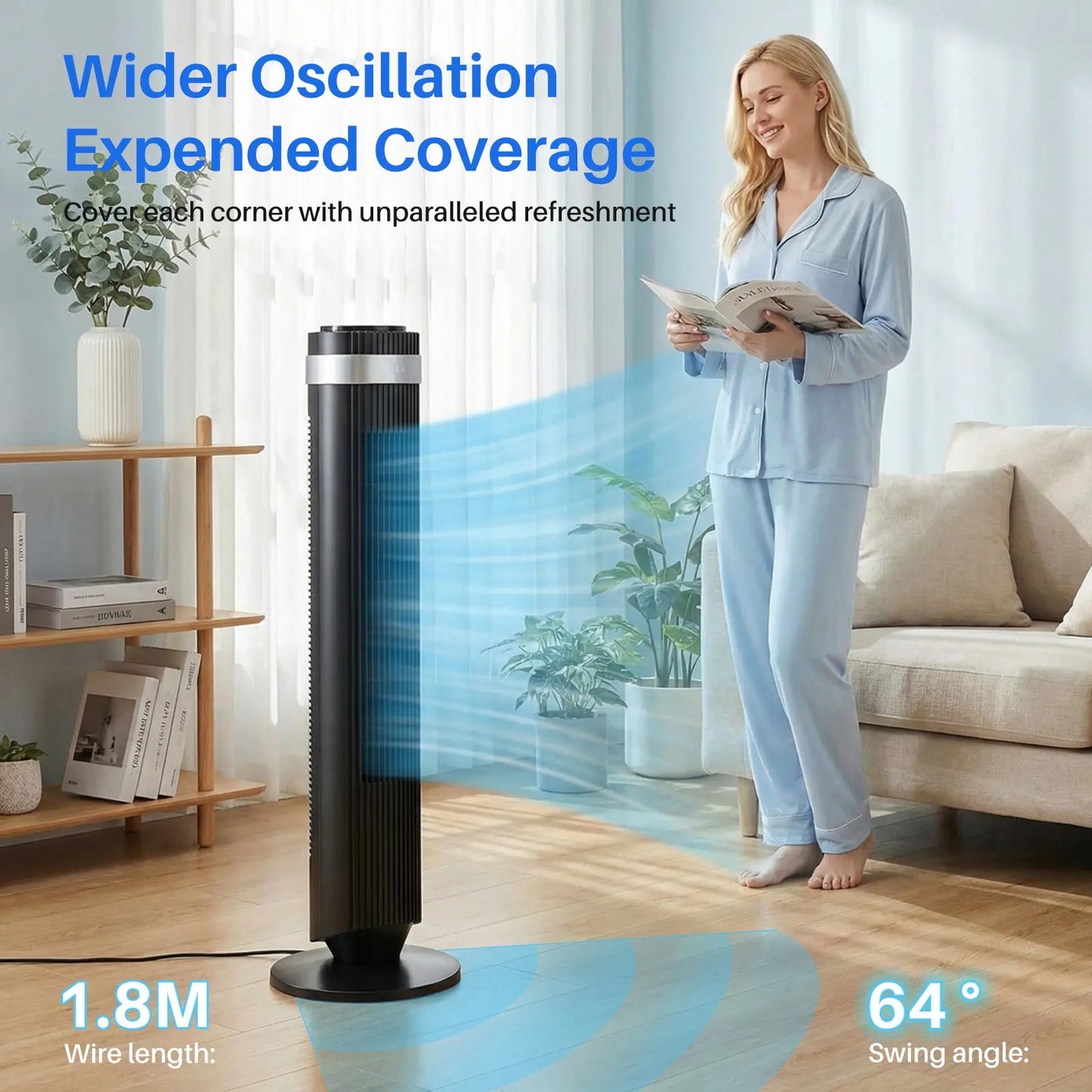 New Bladeless Tower Fan, 28dB Quiet Standing Fan with 12 Hour Timer & Smart Auto Mode, 64° Oscillating Cooling Fan for Bedroom Home Office