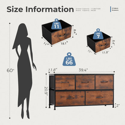 Fabric Storage Tower Dresser - 5-Drawer Indoor Cupboard Cabinet, Closet Organization & Storage Organization Solution for Bedroom, Apartment Furniture