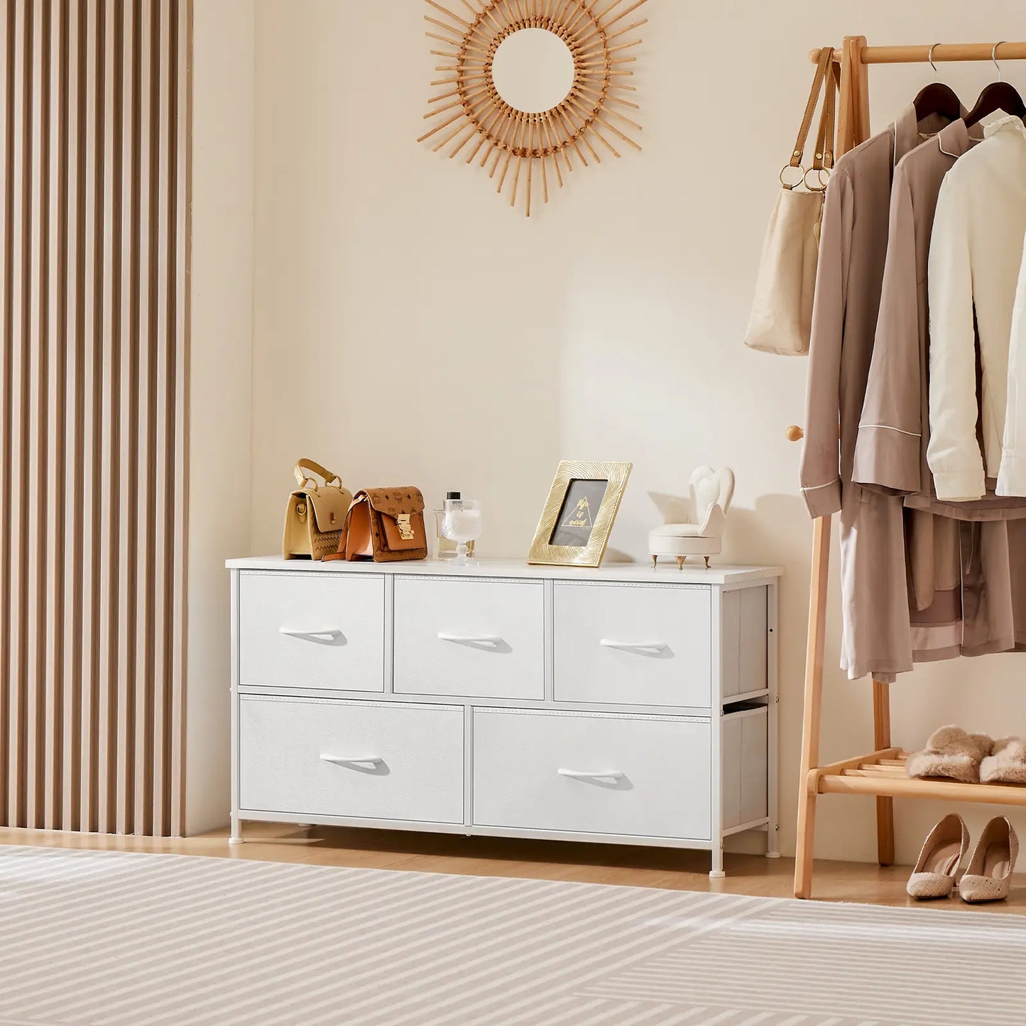 Fabric Storage Tower Dresser - 5-Drawer Indoor Cupboard Cabinet, Closet Organization & Storage Organization Solution for Bedroom, Apartment Furniture