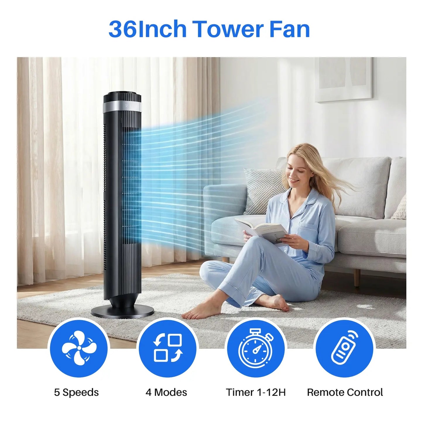 New Bladeless Tower Fan, 28dB Quiet Standing Fan with 12 Hour Timer & Smart Auto Mode, 64° Oscillating Cooling Fan for Bedroom Home Office