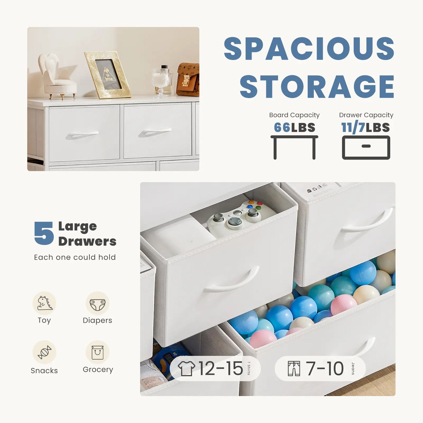 Fabric Storage Tower Dresser - 5-Drawer Indoor Cupboard Cabinet, Closet Organization & Storage Organization Solution for Bedroom, Apartment Furniture